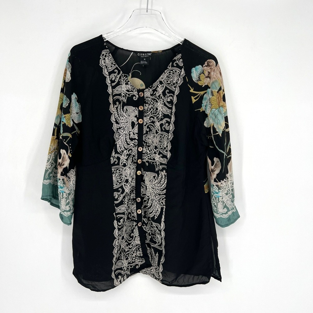 Citron Top Womens M Butterfly Floral Asian Boho Indie Black Blue Peasant